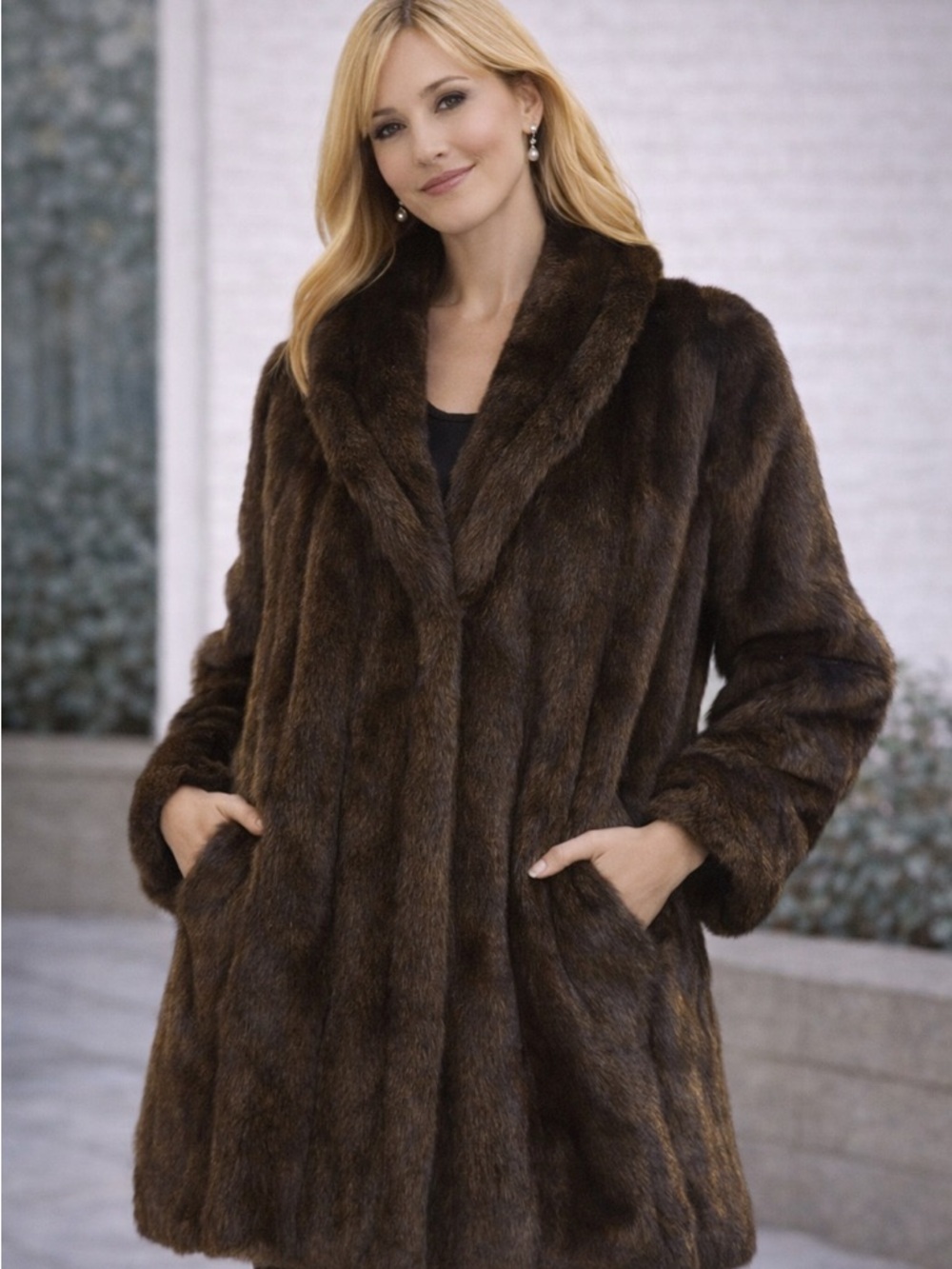Vintage Dark Brown Faux Mink Fur Coat Glam Shawl Collar Jacket with Pockets